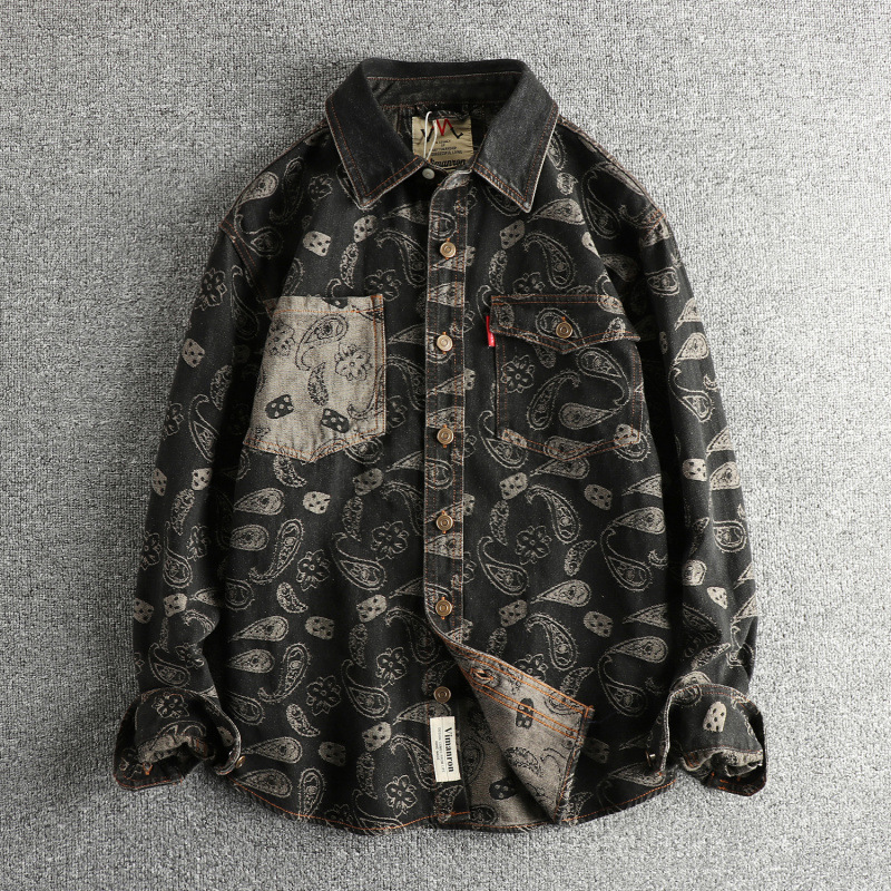 GorgeousBen Men's 100% Cotton Paisley Print Vintage Denim Shirt, Retro Distressed Button Down Long Sleeve Shirt for Streetwear