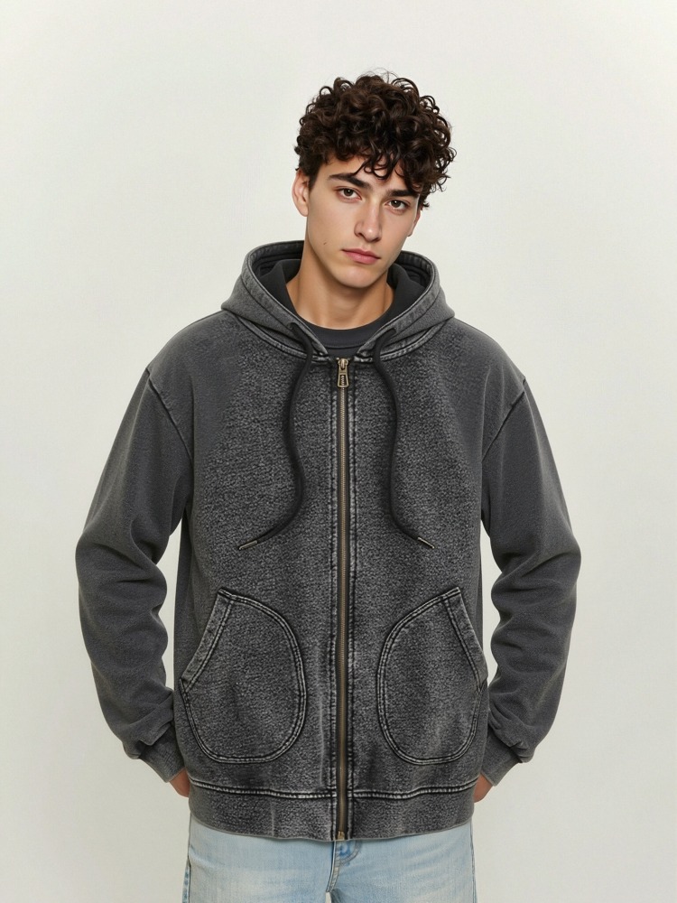 GorgeousBen Men's 100% Cotton Vintage Washed Zip-Up Hoodie