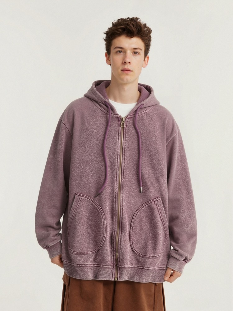 GorgeousBen Men's 100% Cotton Vintage Washed Zip-Up Hoodie