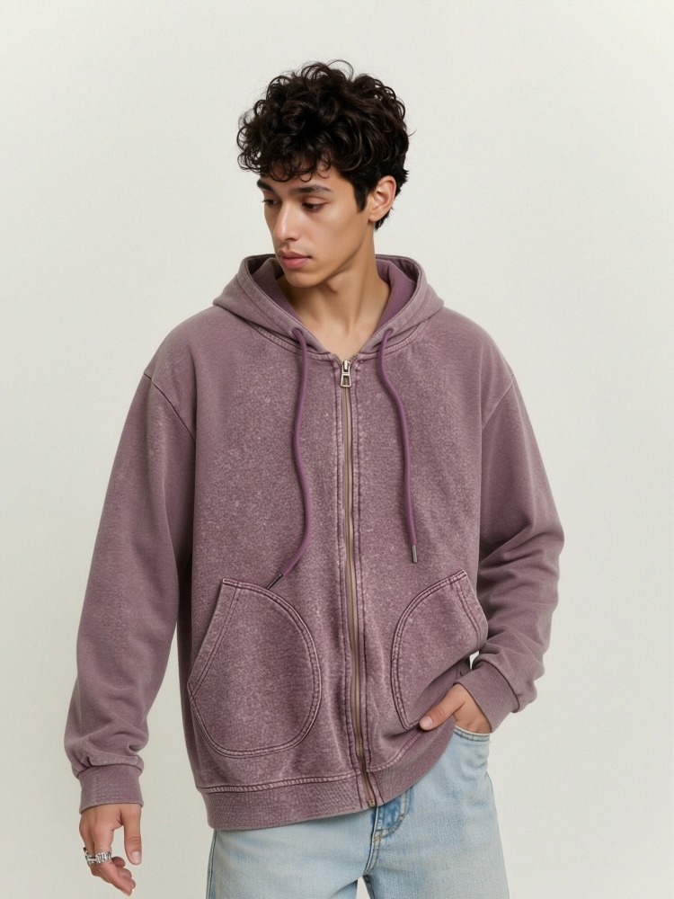 GorgeousBen Men's 100% Cotton Vintage Washed Zip-Up Hoodie