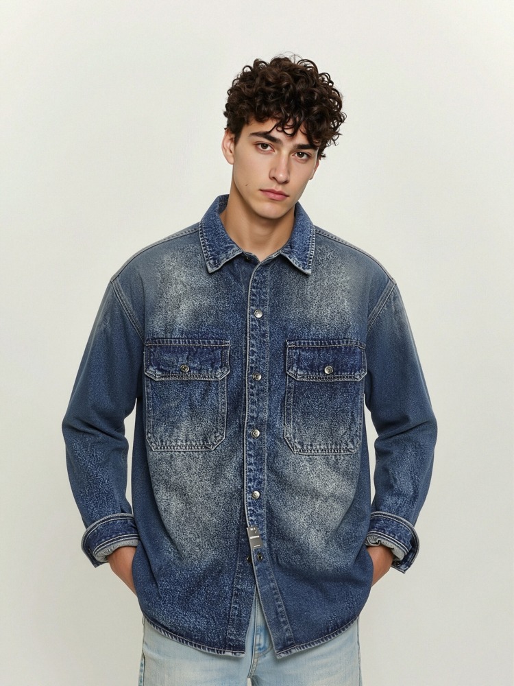 GorgeousBen Men's Vintage Washed Denim Shirt Jacket
