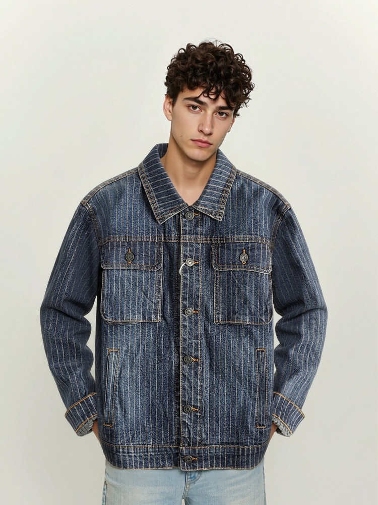 GorgeousBen Men's Vintage Pinstripe Denim Trucker Jacket