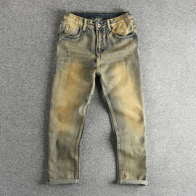 GorgeousMen Men's Retro Distressed Carpenter Jeans, Vintage Wash Relaxed Fit Denim Pants with Utility Pockets
