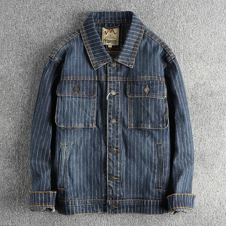 GorgeousBen Men's Vintage Pinstripe Denim Trucker Jacket