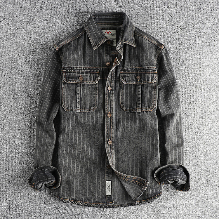 GorgeousBen Men's 100% Cotton Striped Denim Shirt, Vintage Washed Casual Button-Down Shirt for Men