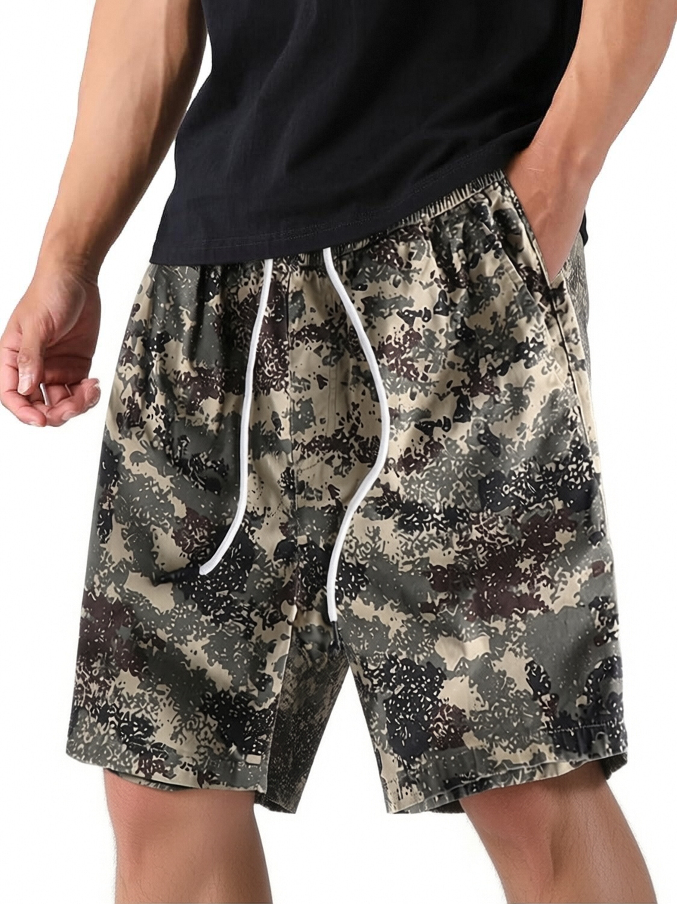 GorgeousBen Men's 97% Cotton Camo Casual Shorts, Elastic Waist Drawstring Relaxed Fit Summer Shorts for Men