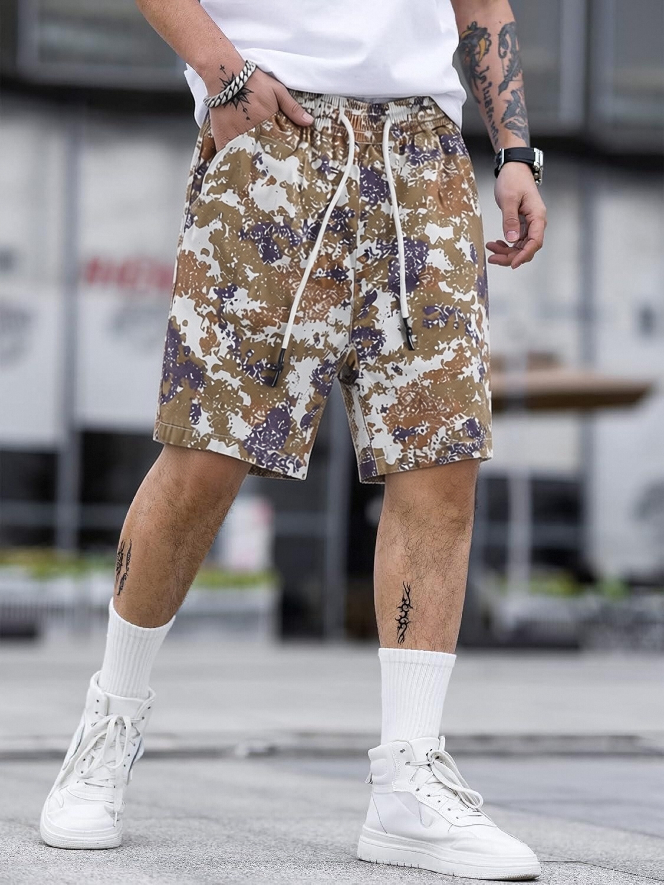 GorgeousBen Men's 97% Cotton Camo Casual Shorts, Elastic Waist Drawstring Relaxed Fit Summer Shorts for Men