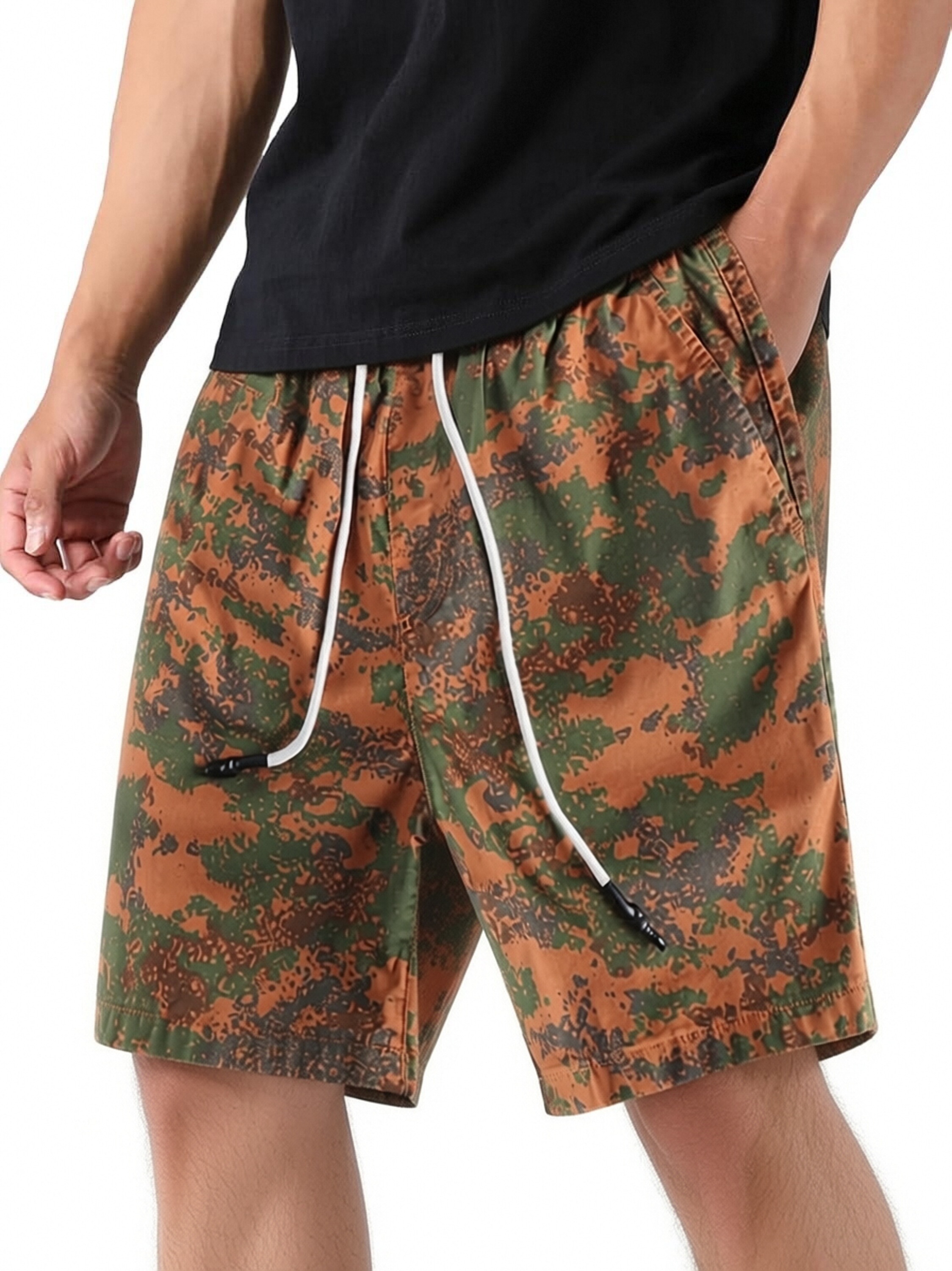 GorgeousBen Men's 97% Cotton Camo Casual Shorts, Elastic Waist Drawstring Relaxed Fit Summer Shorts for Men
