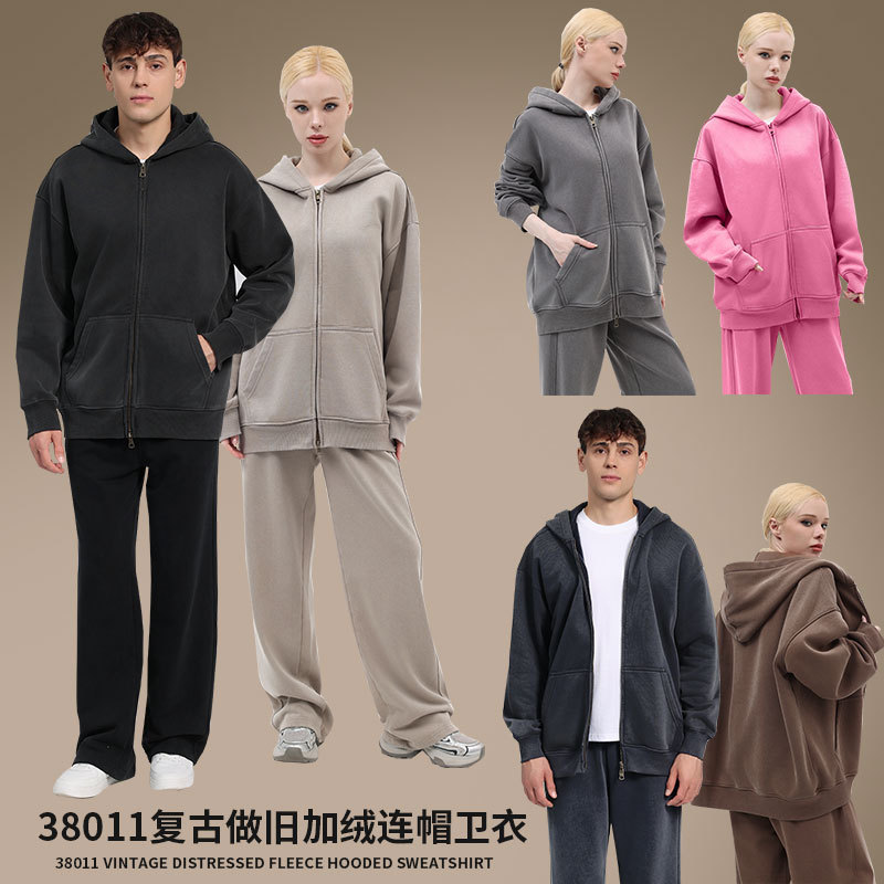 GorgeousBen 380GSM Vintage Washed Fleece Lined Zip-Up Hoodie