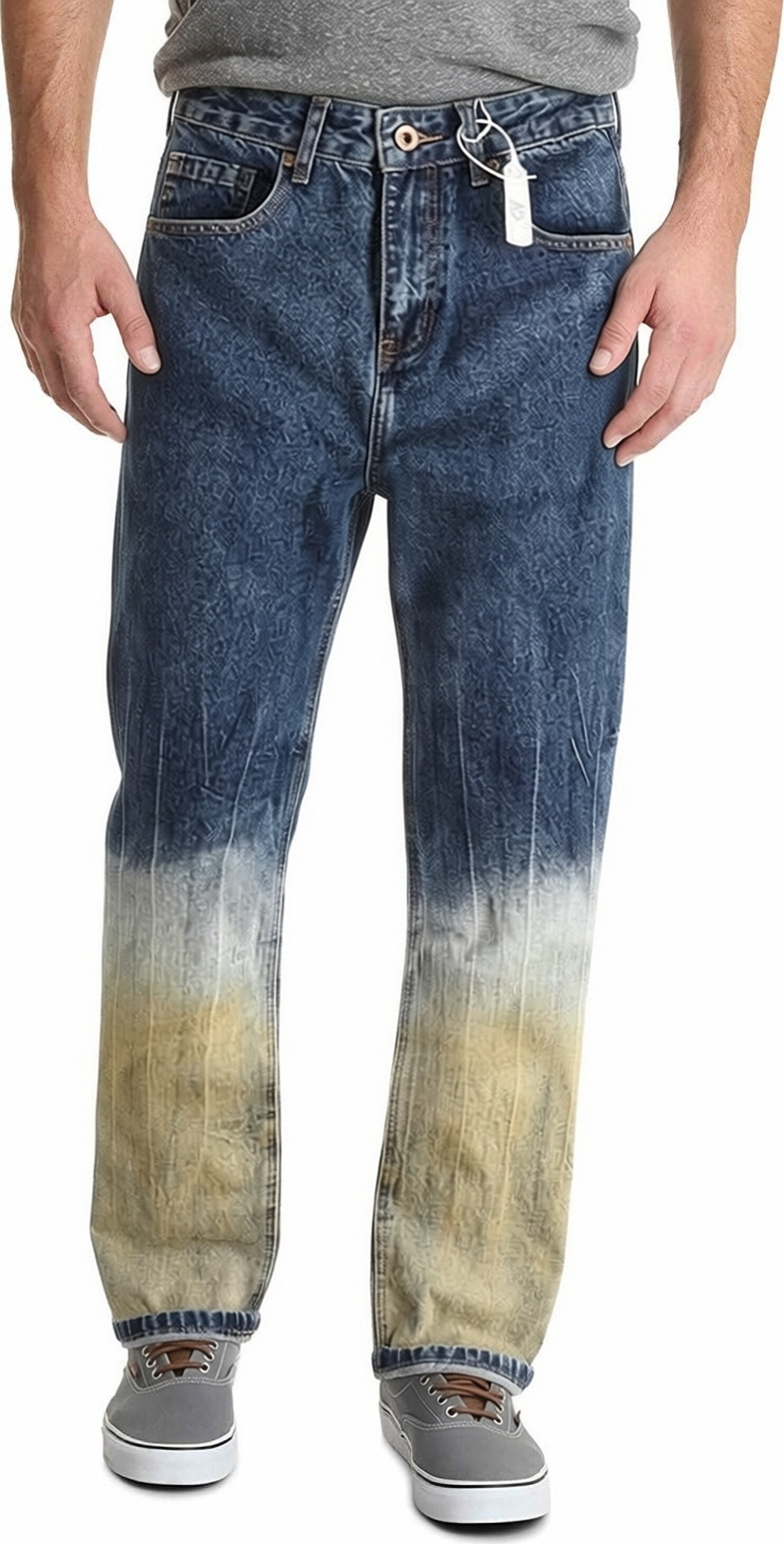 GorgeousBen Men's Gradient Patchwork Baggy Straight Jeans, Streetwear Style, Washed Denim Pants for Spring & Autumn