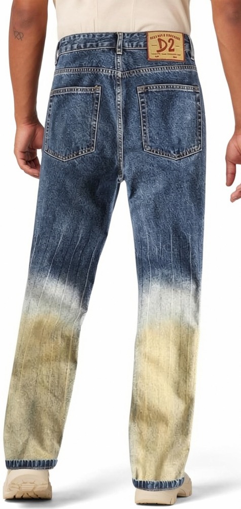 GorgeousBen Men's Gradient Patchwork Baggy Straight Jeans, Streetwear Style, Washed Denim Pants for Spring & Autumn