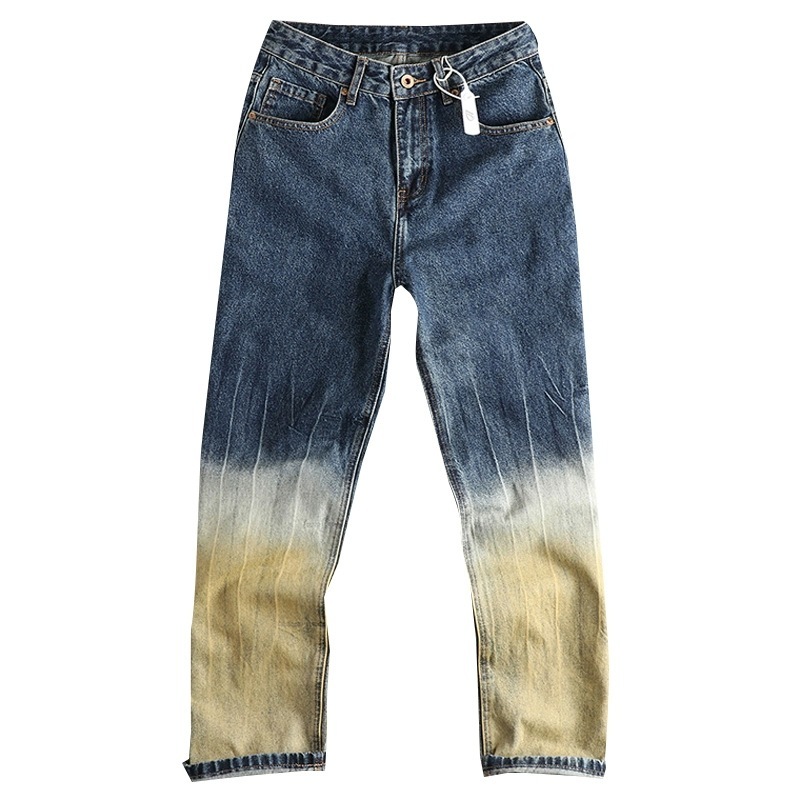 GorgeousBen Men's Gradient Patchwork Baggy Straight Jeans, Streetwear Style, Washed Denim Pants for Spring & Autumn