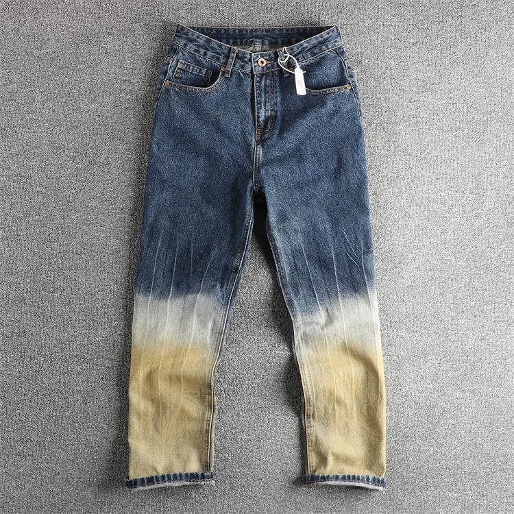 GorgeousBen Men's Gradient Patchwork Baggy Straight Jeans, Streetwear Style, Washed Denim Pants for Spring & Autumn
