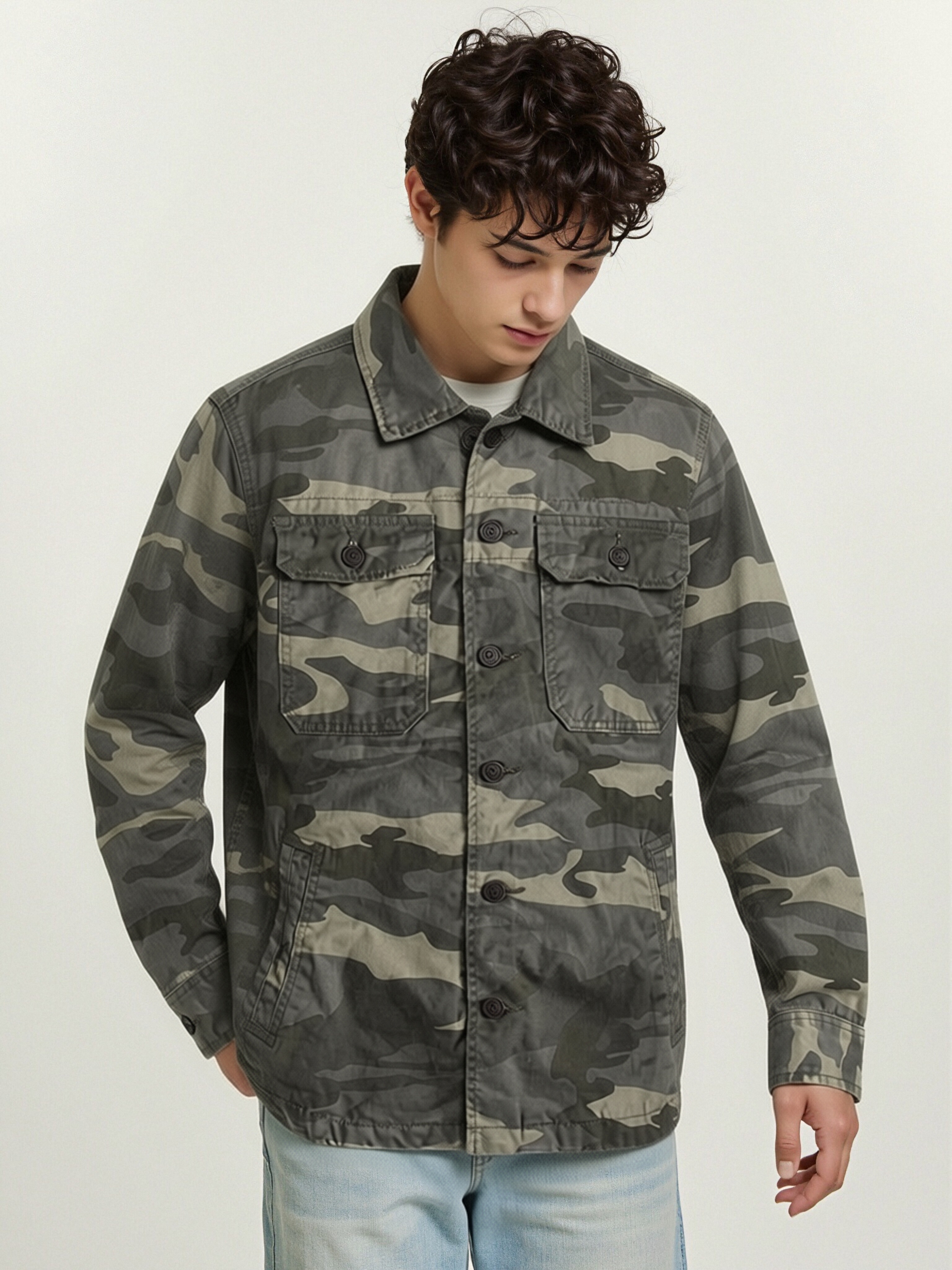 gorgeousben  Men's Vintage Camo Cotton Workwear Jacket, Retro Slim Fit Button Down Casual Coat