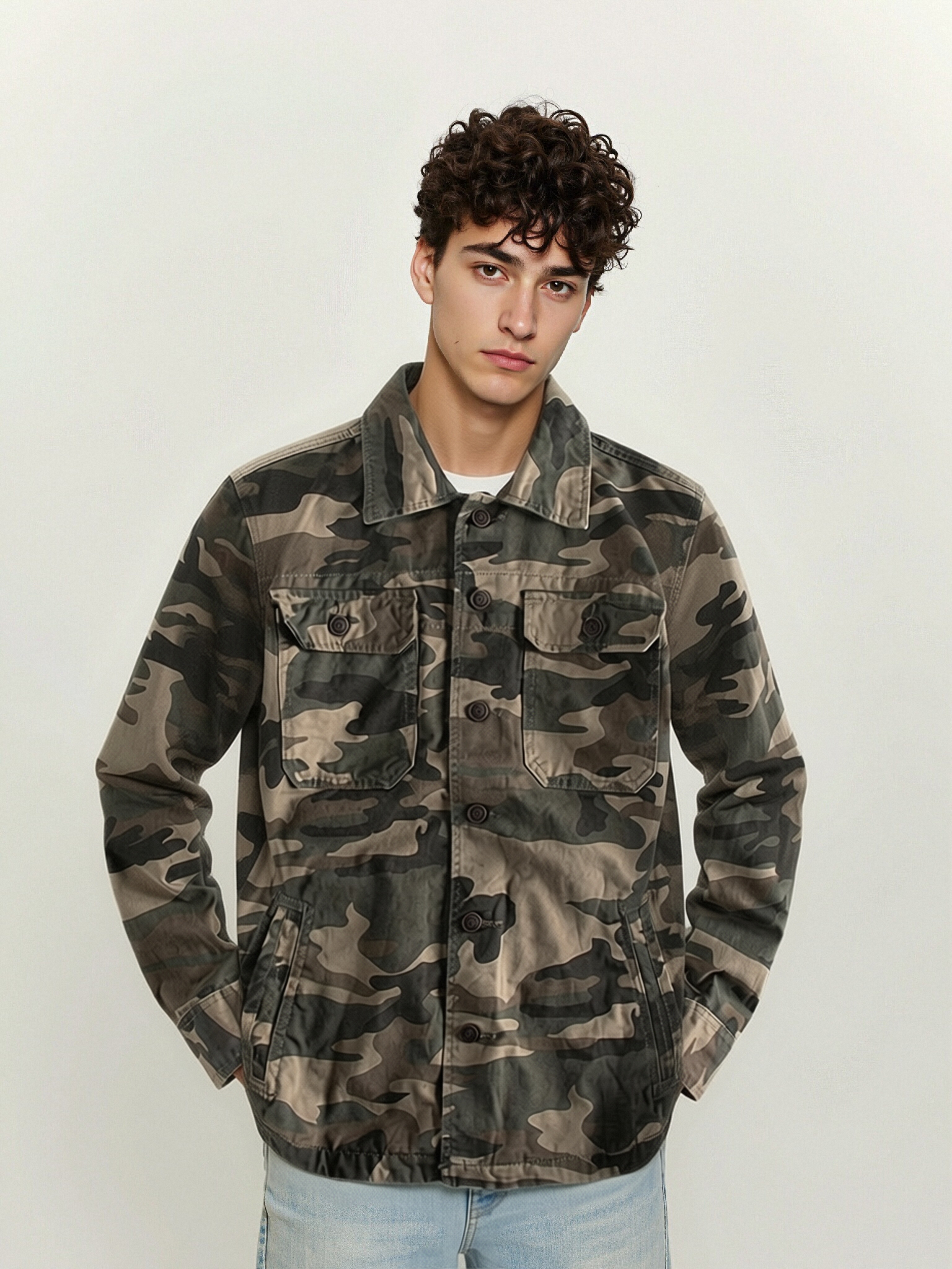 gorgeousben  Men's Vintage Camo Cotton Workwear Jacket, Retro Slim Fit Button Down Casual Coat