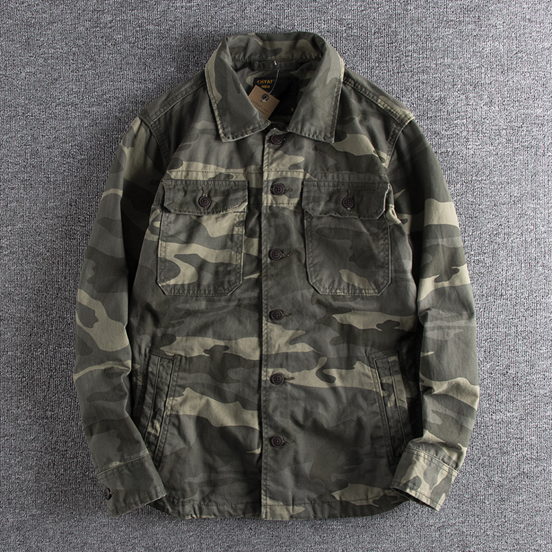 gorgeousben  Men's Vintage Camo Cotton Workwear Jacket, Retro Slim Fit Button Down Casual Coat