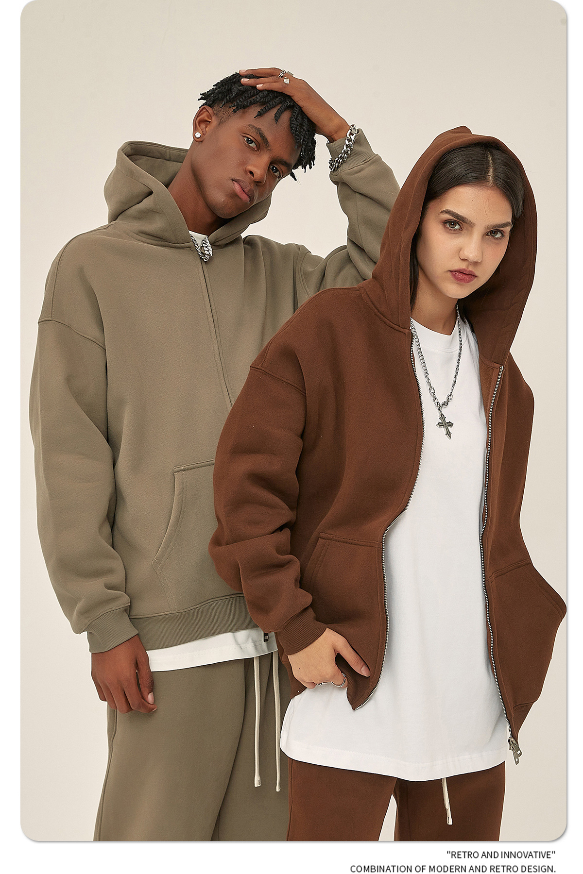 Men's 350G Fleece Lined Double Zip Hoodie Set, GorgeousBen Oversized Streetwear Tracksuit, Casual Winter Loungewear for Daily Wea