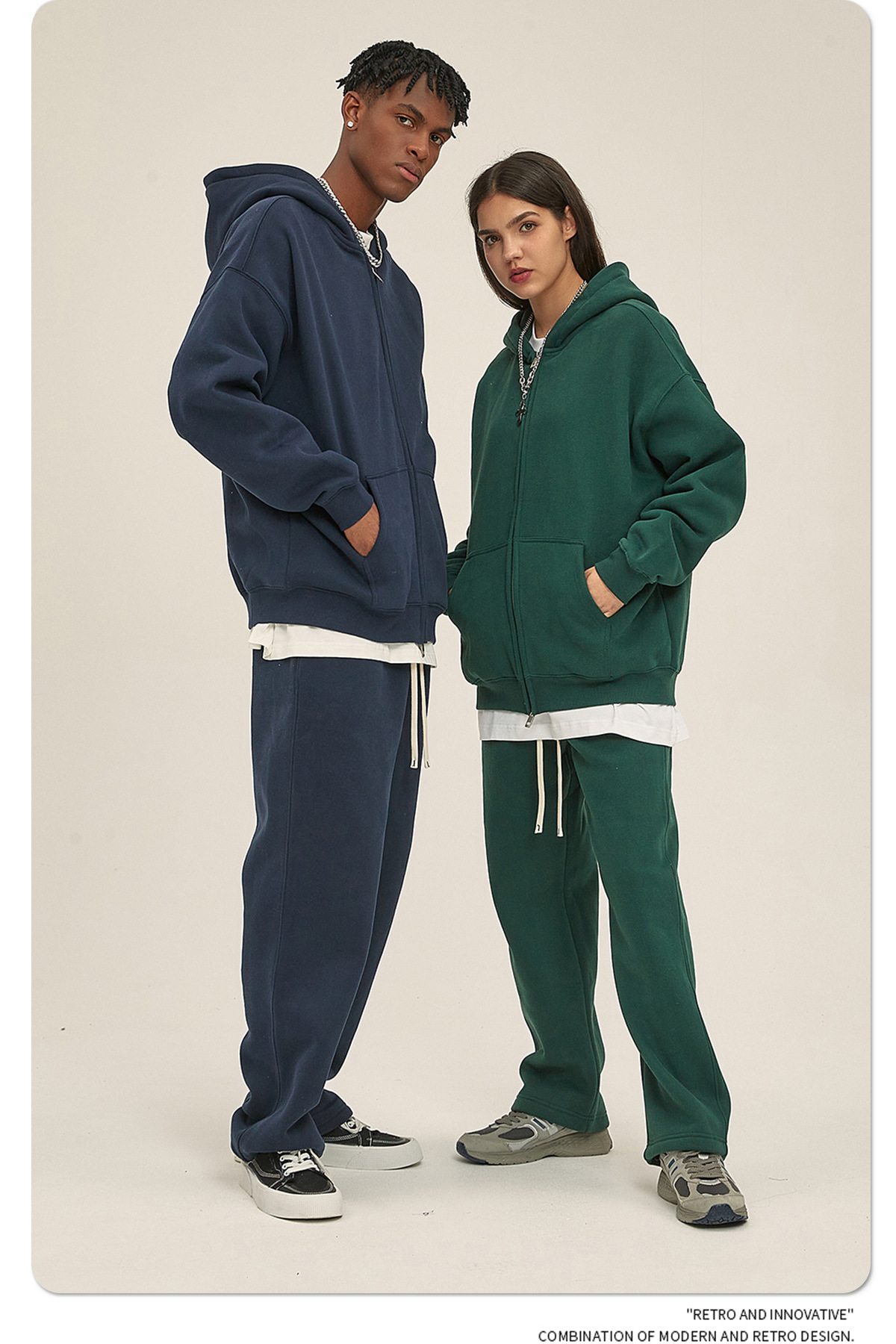 Men's 350G Fleece Lined Double Zip Hoodie Set, GorgeousBen Oversized Streetwear Tracksuit, Casual Winter Loungewear for Daily Wea