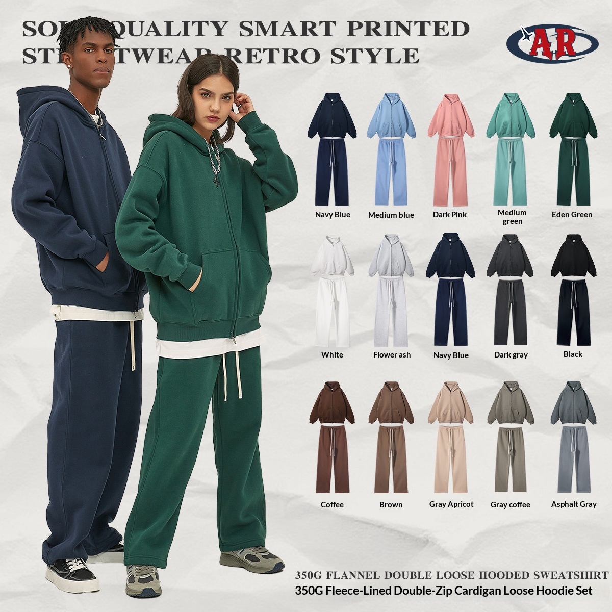 Men's 350G Fleece Lined Double Zip Hoodie Set, GorgeousBen Oversized Streetwear Tracksuit, Casual Winter Loungewear for Daily Wea