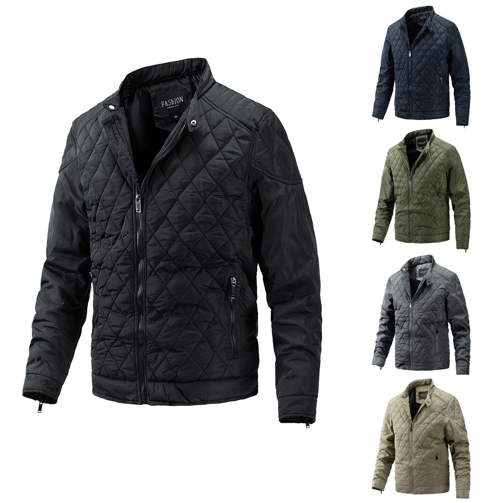 2026 Cross-Border Autumn and Winter Men's Lightweight Cotton Jacket Casual Diamond-Shaped Stand Collar Coat Harrington Jacket Cotton-Padded Jacket Men's Fashion Trend