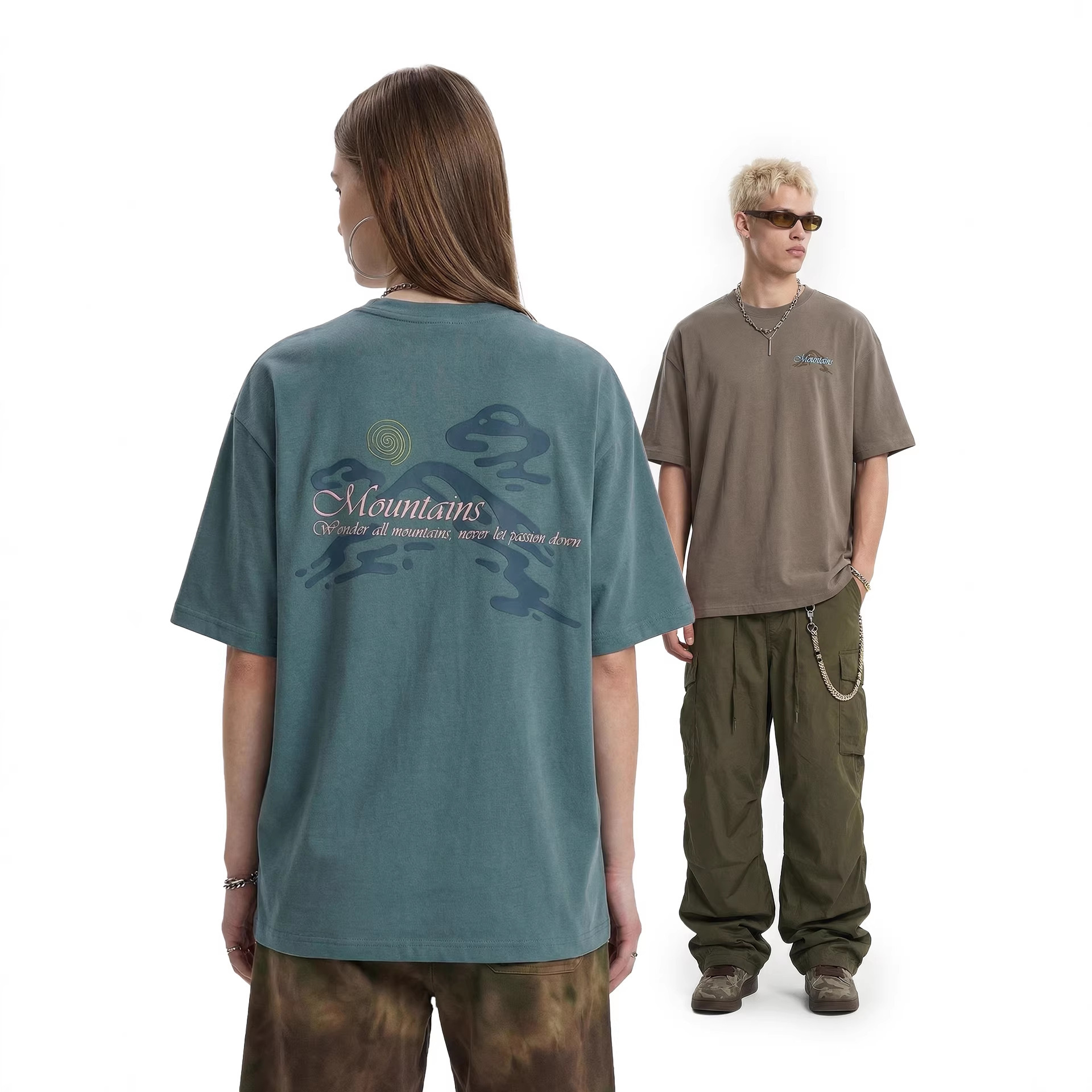 GorgeousBen GB-TS26 Men's 250g 100% Cotton Mountain Print Oversized T-Shirt, Smoke Gray Retro Street Style Short Sleeve Tee, Sizes S-XL
