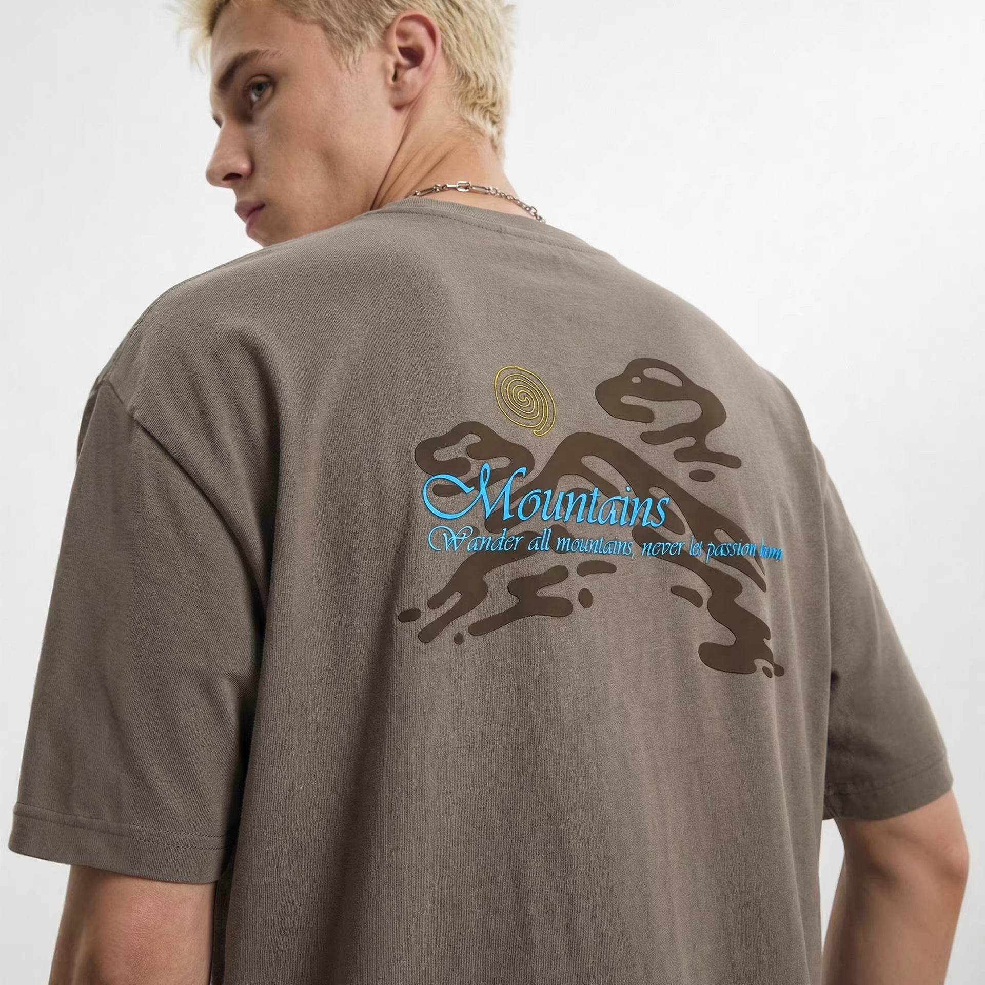 GorgeousBen GB-TS26 Men's 250g 100% Cotton Mountain Print Oversized T-Shirt, Smoke Gray Retro Street Style Short Sleeve Tee, Sizes S-XL
