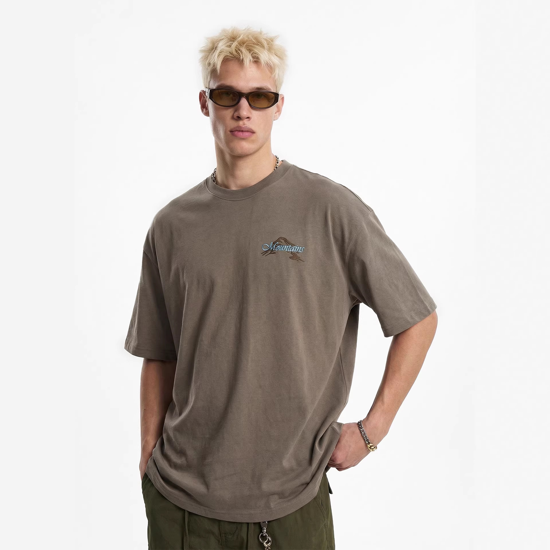 GorgeousBen GB-TS26 Men's 250g 100% Cotton Mountain Print Oversized T-Shirt, Smoke Gray Retro Street Style Short Sleeve Tee, Sizes S-XL
