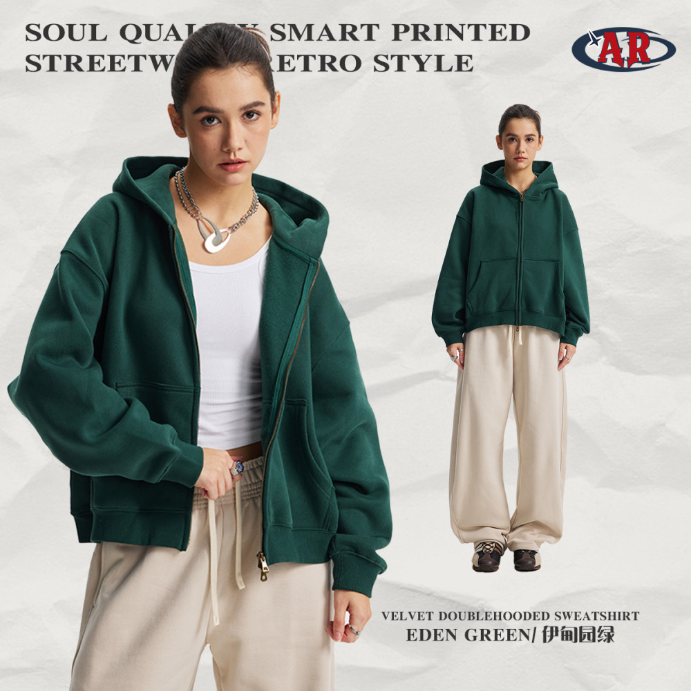 2026 Autumn/Winter Boxy Short Zip-Up Cardigan New Style Drop Shoulder Loose Fit Unisex Hooded Fleece Sweatshirt Cross-Border Factory