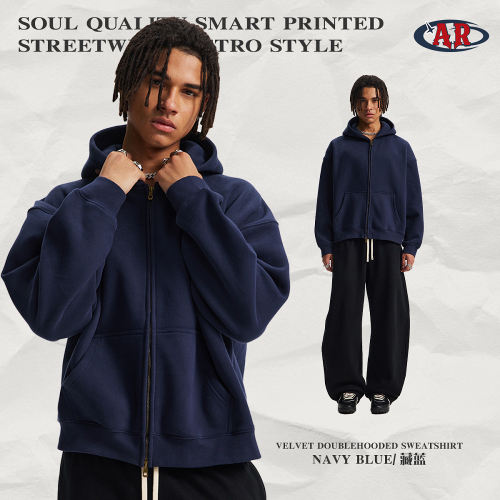 2026 Autumn/Winter Boxy Short Zip-Up Cardigan New Style Drop Shoulder Loose Fit Unisex Hooded Fleece Sweatshirt Cross-Border Factory