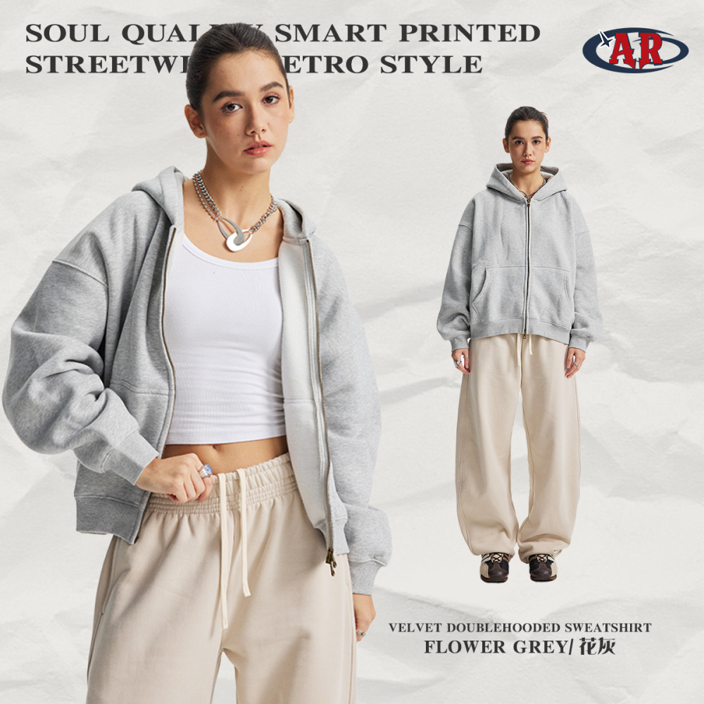 2026 Autumn/Winter Boxy Short Zip-Up Cardigan New Style Drop Shoulder Loose Fit Unisex Hooded Fleece Sweatshirt Cross-Border Factory