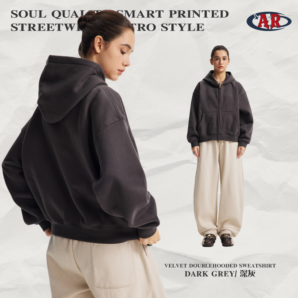 2026 Autumn/Winter Boxy Short Zip-Up Cardigan New Style Drop Shoulder Loose Fit Unisex Hooded Fleece Sweatshirt Cross-Border Factory