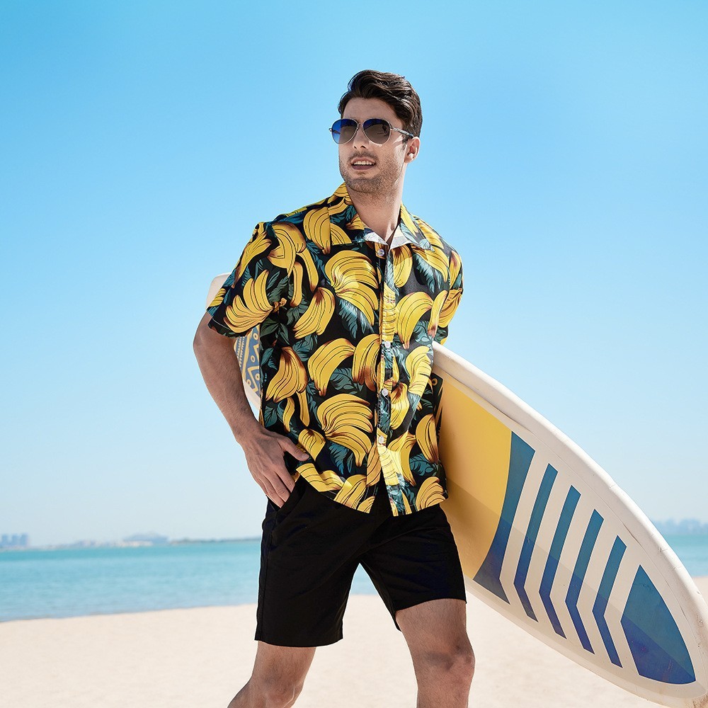 GorgeousBen CS14 Men Hawaiian Floral Beach Shirt Banana Print
