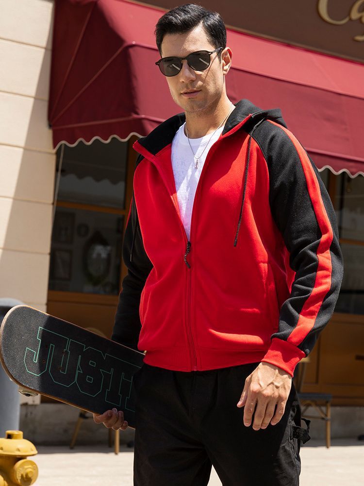 Cross-Border Autumn and Winter New Contrast Color Zipper Cardigan Hooded Sweatshirt Retro Large Size Loose Casual Brushed Top Wholesale