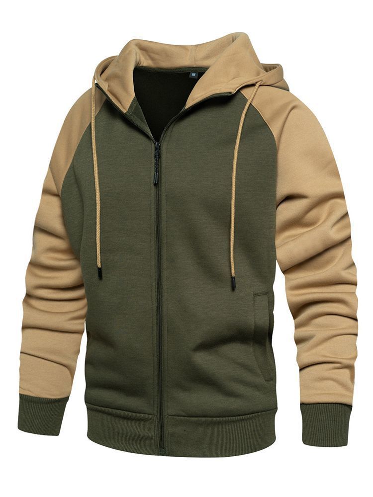 Cross-Border Autumn and Winter New Contrast Color Zipper Cardigan Hooded Sweatshirt Retro Large Size Loose Casual Brushed Top Wholesale