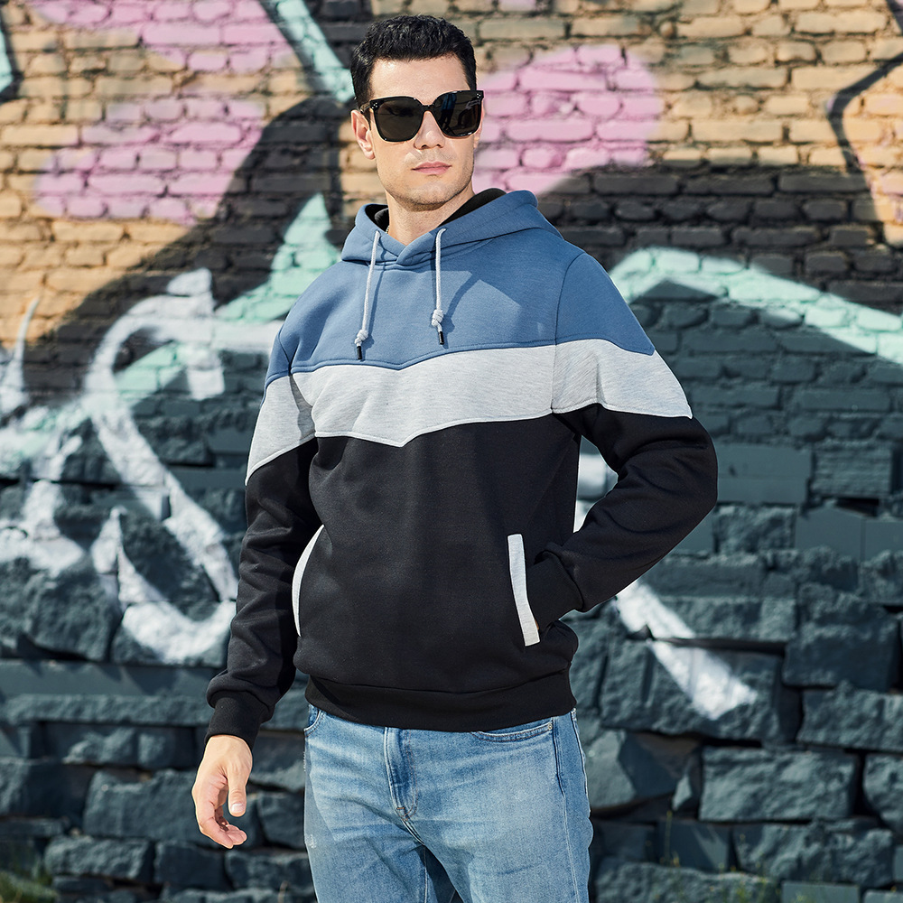 Cross-Border Amazon Spring and Autumn European and American Men's Color-Blocking Fashion Hooded Sweatshirt Men's Casual Sports Top
