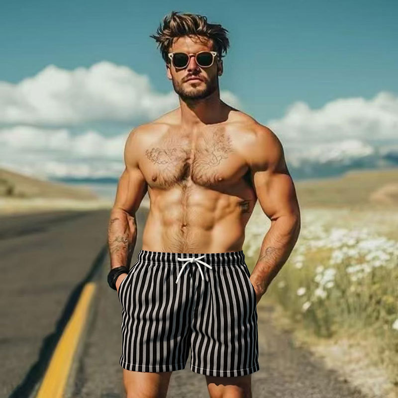 GorgeousBen Men's 5 Inch Quick Dry Beach Shorts, Summer Striped Casual Swim Trunks, Loose Fit Lightweight Board Shorts for Vacation, Gym & Daily Wear