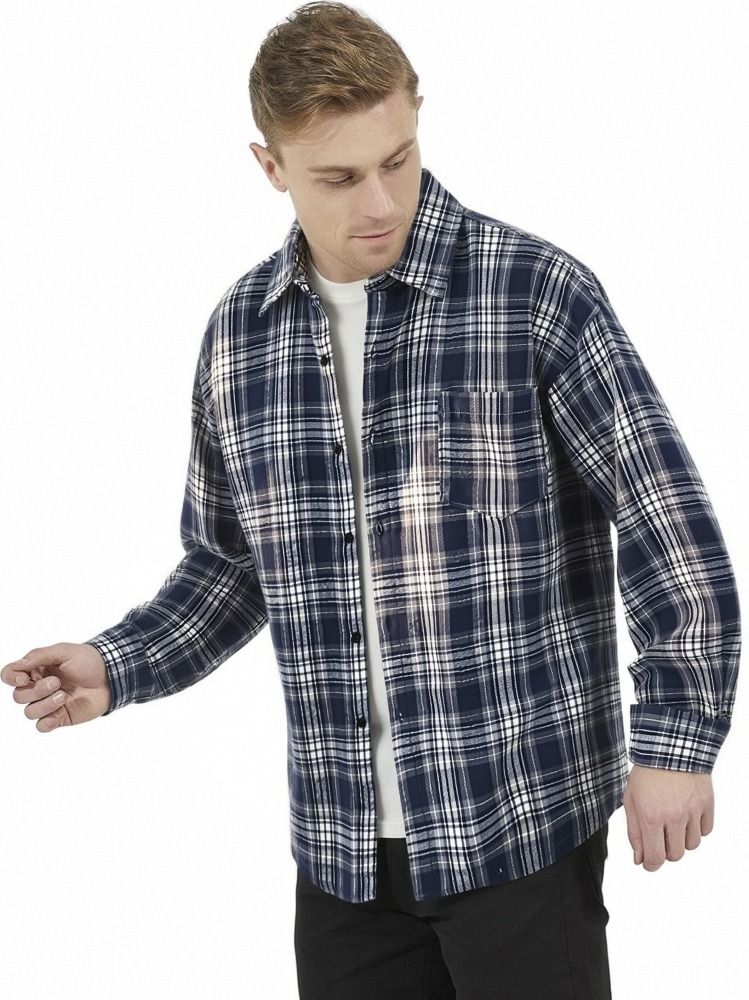 GorgeousBen Korean-style plaid shirt for men, loose brushed casual long-sleeve turn-down collar cardigan coat