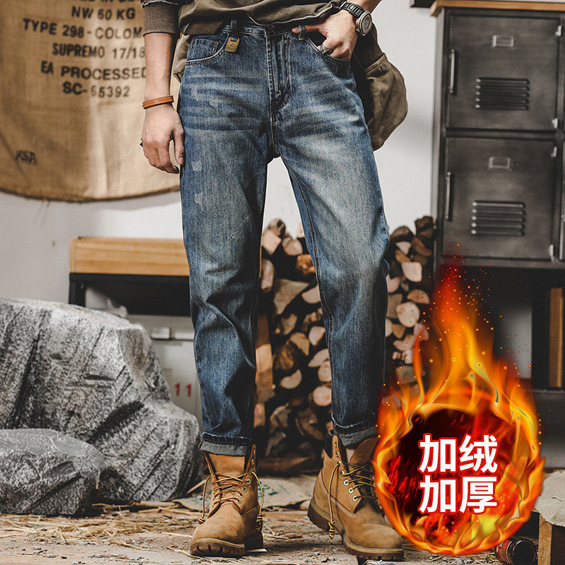 GorgeousBen Men's 94% Cotton Vintage Wash Denim Jeans Loose Fit Straight Leg Fleece Lined Winter Pants