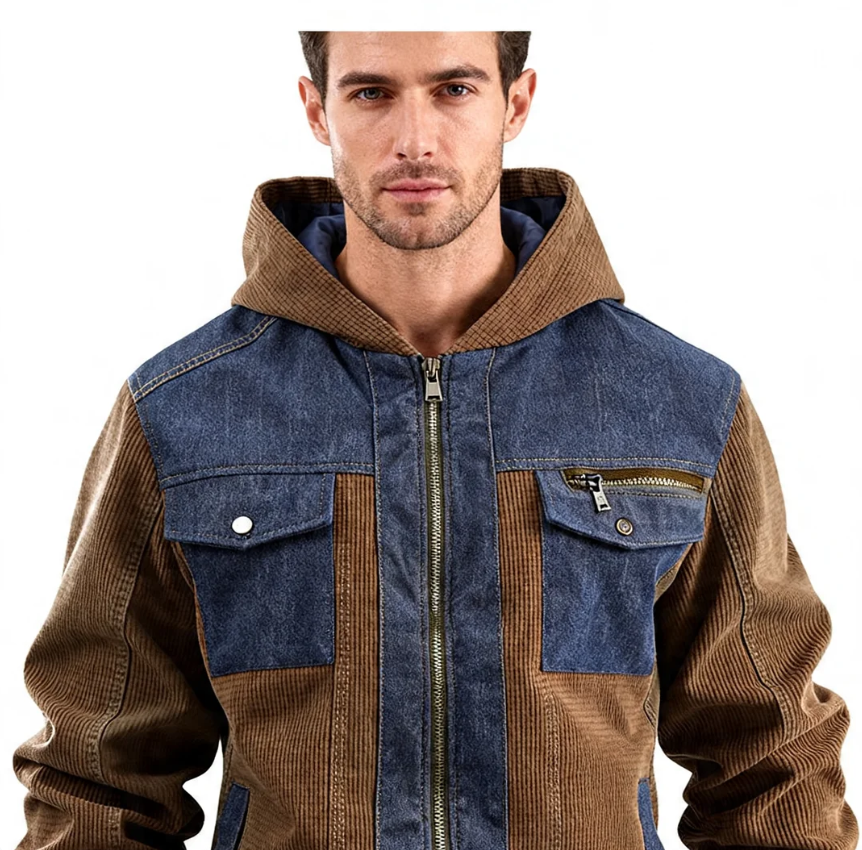 GorgeousBen Men's Casual Color Block Multi-pocket Hooded Workwear Jacket Spring Autumn Coat