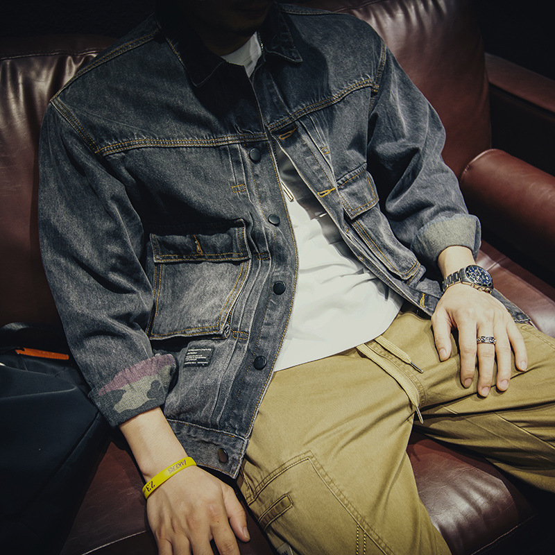 Men's Cotton Cargo Denim Jacket, Loose Fit Casual Outerwear, 2026 Autumn Daily Wear Street Style Coat