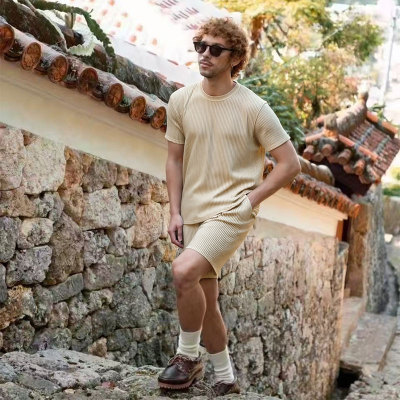 2026 Summer Cross-border Men's 3D Solid Color Knitted Shirt Men's High-Street Short-Sleeve Suit Heavyweight Loose Casual Two-Piece Suit