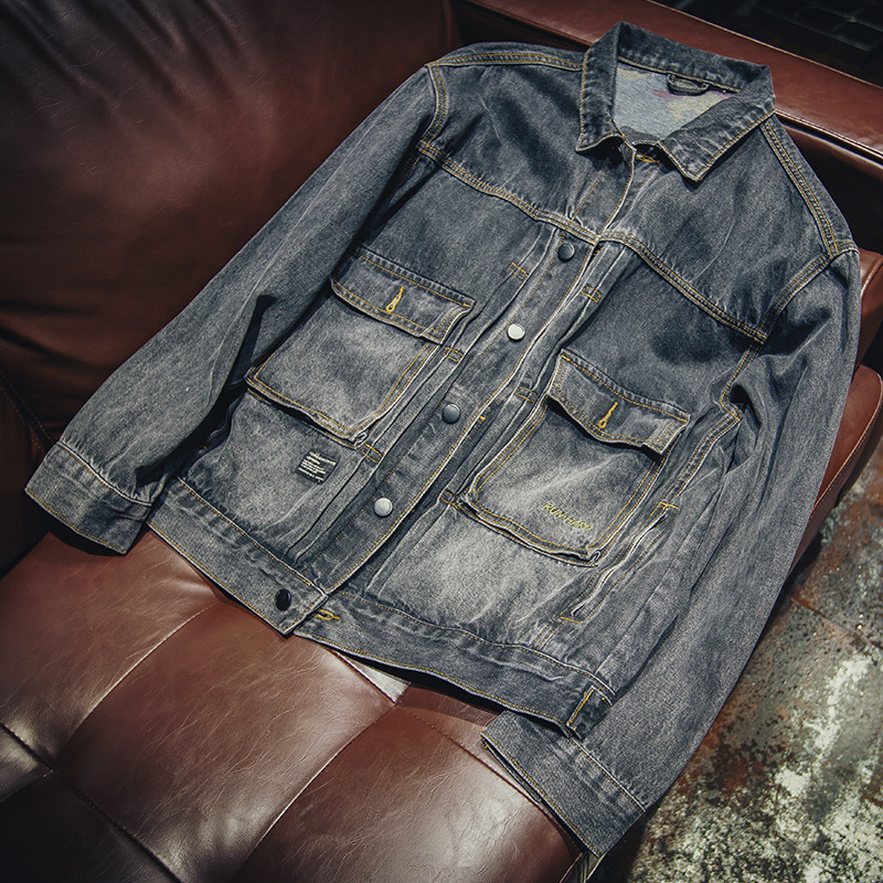 Men's Cotton Cargo Denim Jacket, Loose Fit Casual Outerwear, 2026 Autumn Daily Wear Street Style Coat