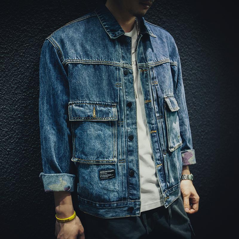 Men's Cotton Cargo Denim Jacket, Loose Fit Casual Outerwear, 2026 Autumn Daily Wear Street Style Coat