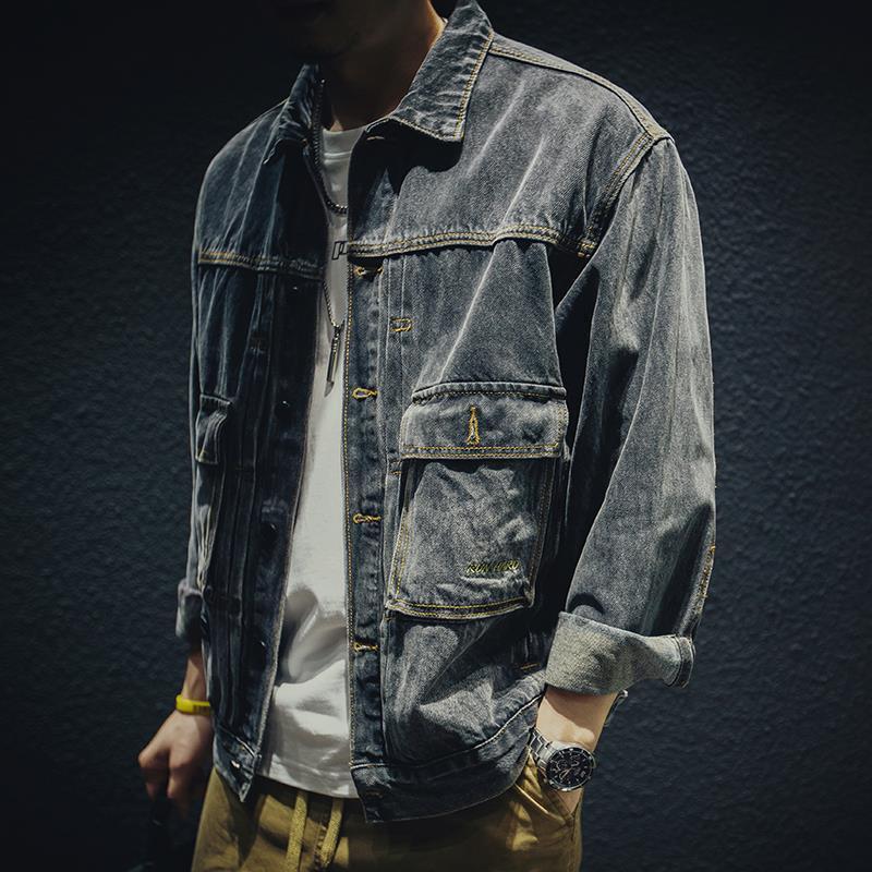 Men's Cotton Cargo Denim Jacket, Loose Fit Casual Outerwear, 2026 Autumn Daily Wear Street Style Coat