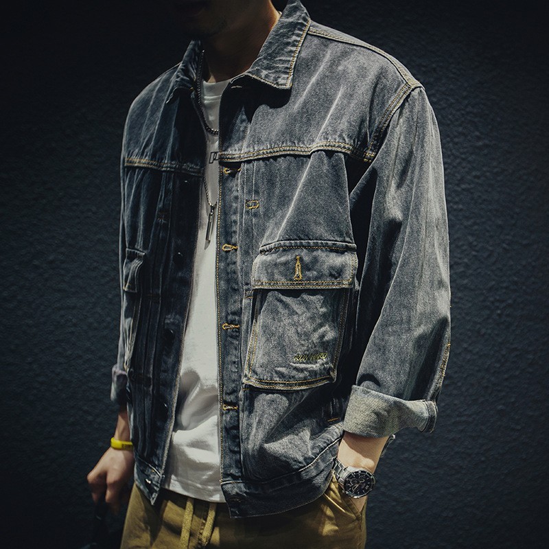 Men's Cotton Cargo Denim Jacket, Loose Fit Casual Outerwear, 2026 Autumn Daily Wear Street Style Coat