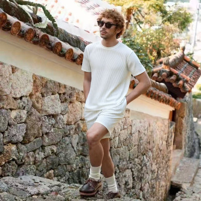 2026 Summer Cross-border Men's 3D Solid Color Knitted Shirt Men's High-Street Short-Sleeve Suit Heavyweight Loose Casual Two-Piece Suit
