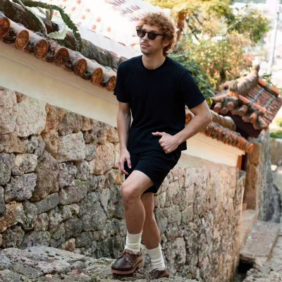 2026 Summer Cross-border Men's 3D Solid Color Knitted Shirt Men's High-Street Short-Sleeve Suit Heavyweight Loose Casual Two-Piece Suit