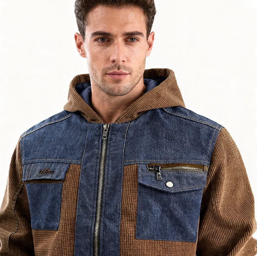 GorgeousBen Men's Casual Color Block Multi-pocket Hooded Workwear Jacket Spring Autumn Coat