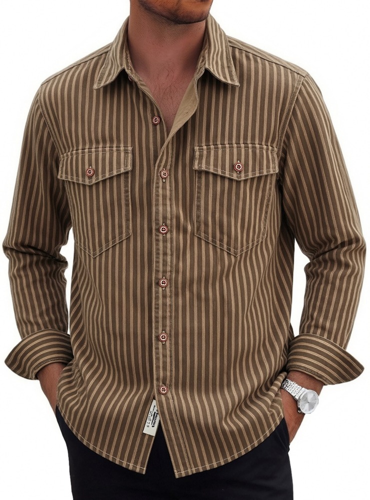 GorgeousBen Men's Retro Striped Cotton Long Sleeve Casual Workwear Shirt Jacket