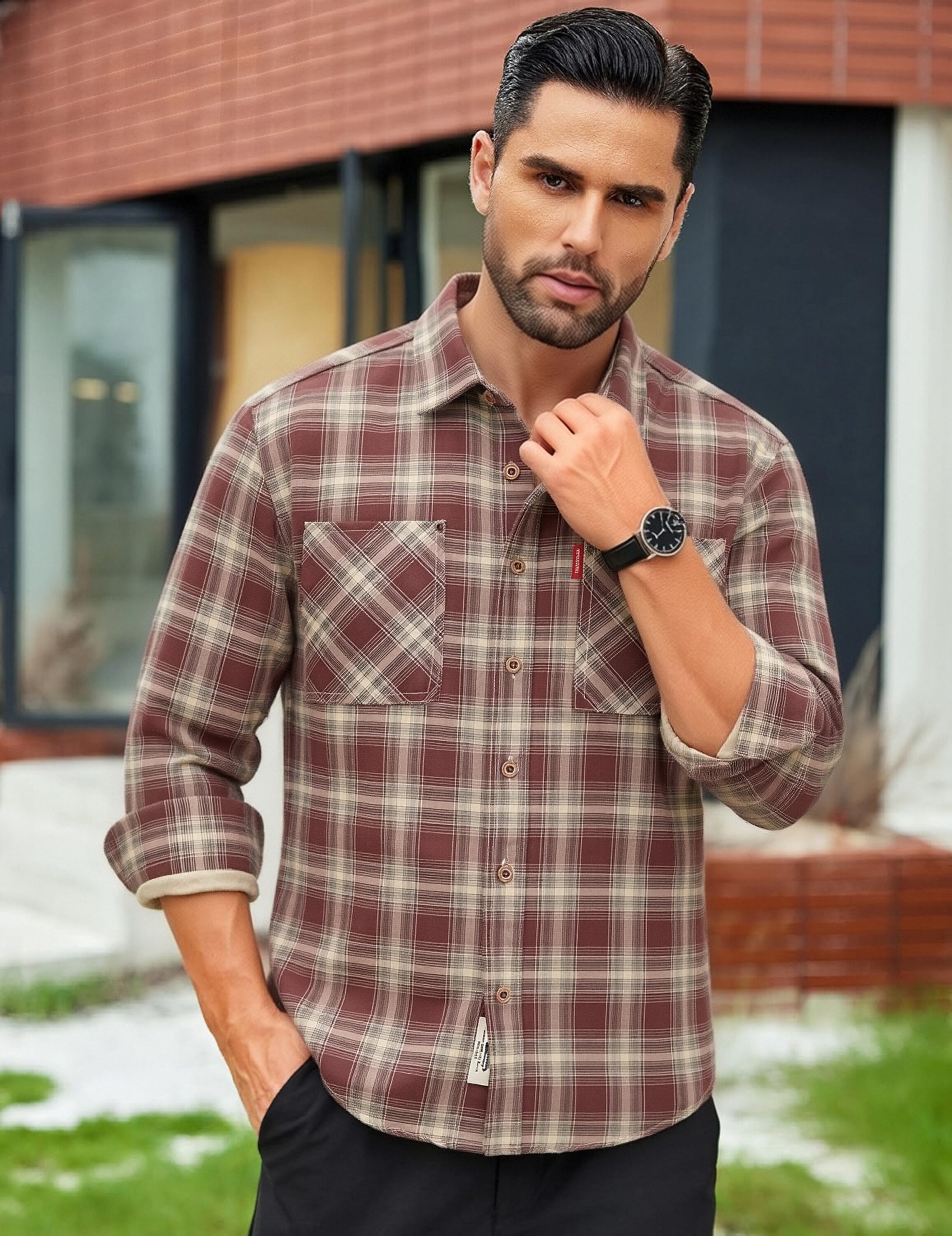 Plaid Shirt Men's GorgeousBen Retro Washed Cotton Loose Fit Long Sleeve Casual Top
